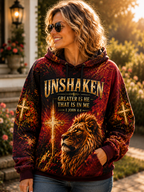 A woman wearing a maroon and gold pullover hoodie with a lion graphic and the text 'UNSHAKEN GREATER IS HE THAT IS IN ME 1 JOHN 4:4' on a sunny outdoor porch.
