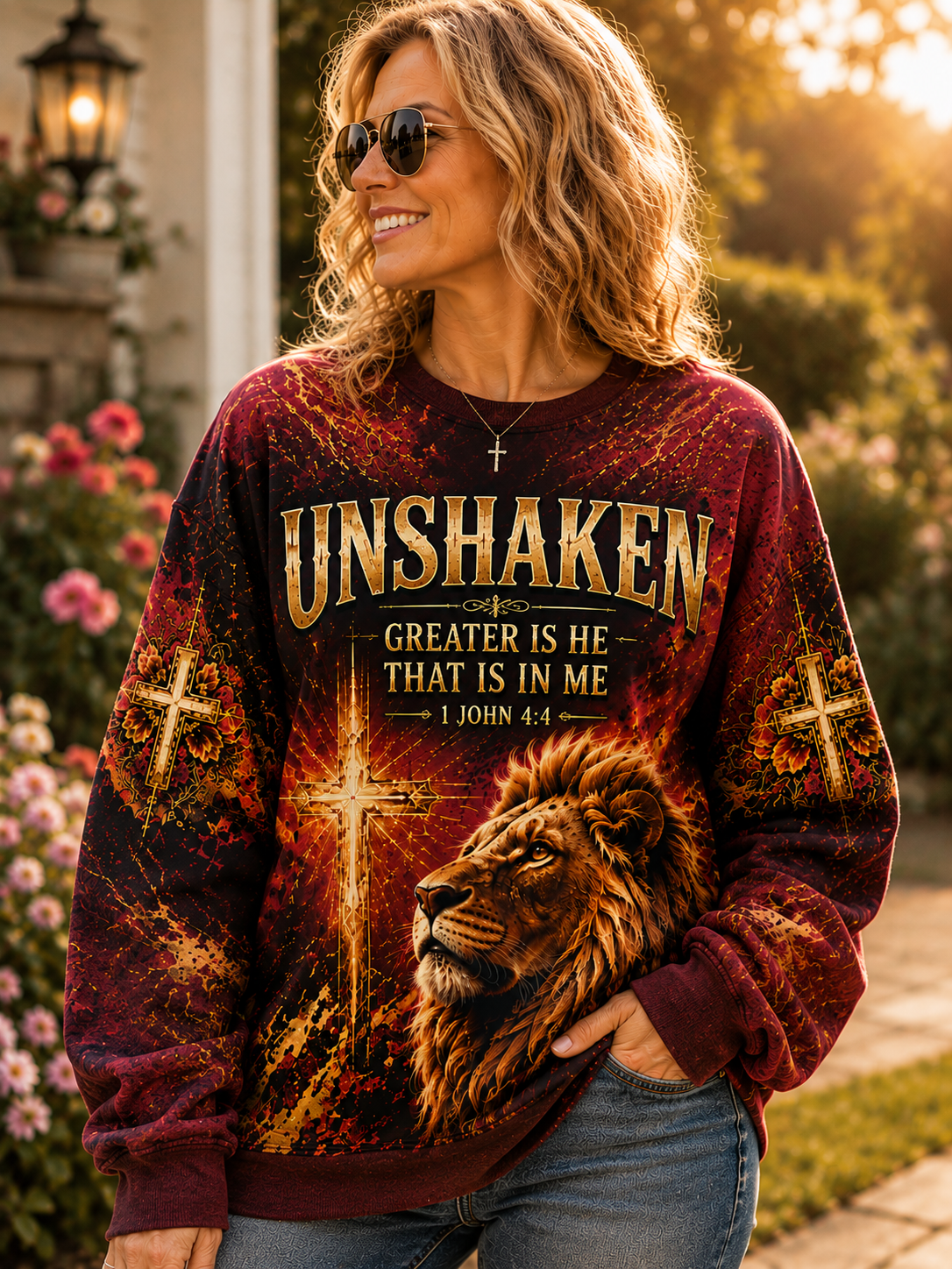 A woman wearing a maroon crewneck sweatshirt with a detailed graphic print featuring a lion, crosses, and the text 'UNSHAKEN GREATER IS HE THAT IS IN ME 1 JOHN 4:4'. She is wearing sunglasses and jeans, standing outdoors in a garden setting.