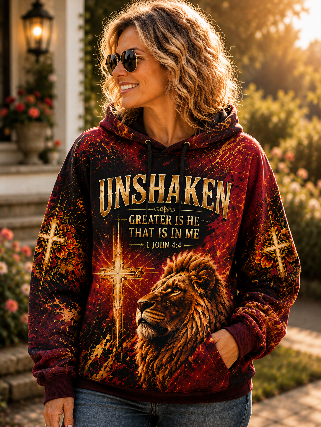 A woman wearing a maroon and gold pullover hoodie with a lion graphic and the text 'UNSHAKEN GREATER IS HE THAT IS IN ME 1 JOHN 4:4' on a sunny outdoor porch.