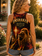 A woman shown from the back wearing a sleeveless tank top with a large graphic print featuring a lion, crosses, and the text 'UNSHAKEN GREATER IS HE THAT IS IN ME 1 JOHN 4:4'. The setting is a sunlit outdoor garden.