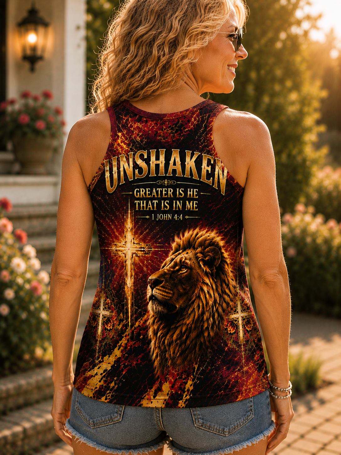 A woman shown from the back wearing a sleeveless tank top with a large graphic print featuring a lion, crosses, and the text 'UNSHAKEN GREATER IS HE THAT IS IN ME 1 JOHN 4:4'. The setting is a sunlit outdoor garden.